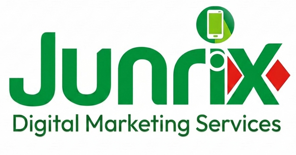 The logo for Junrix Digital Marketing Services, featuring the brand name 'Junrix' in green with a smartphone icon integrated into the letter 'i' and a red diamond accent, above the text 'Digital Marketing Services' on a plain white background.